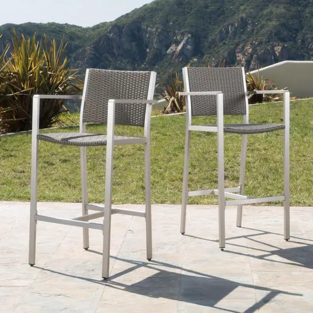 Alt view image 3 of 7 - Stylish Outdoor Bar Height Pub Chairs w/Sturdy Metal Frame & Footrest for Poolside, Contemporary Aluminum Patio Bar Stools w/PE Rattan Back & Seat for Garden, Deck, Porch, Set of 2