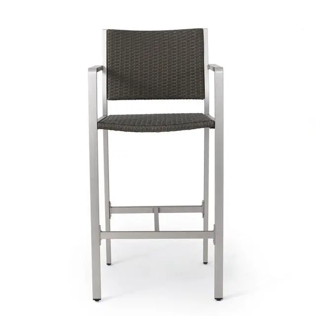 Alt view image 6 of 7 - Stylish Outdoor Bar Height Pub Chairs w/Sturdy Metal Frame & Footrest for Poolside, Contemporary Aluminum Patio Bar Stools w/PE Rattan Back & Seat for Garden, Deck, Porch, Set of 2
