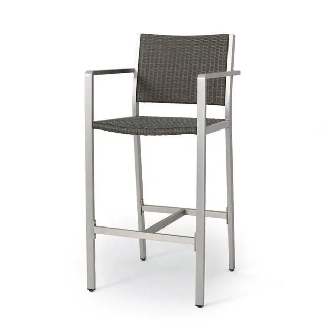 Alt view image 7 of 7 - Stylish Outdoor Bar Height Pub Chairs w/Sturdy Metal Frame & Footrest for Poolside, Contemporary Aluminum Patio Bar Stools w/PE Rattan Back & Seat for Garden, Deck, Porch, Set of 2