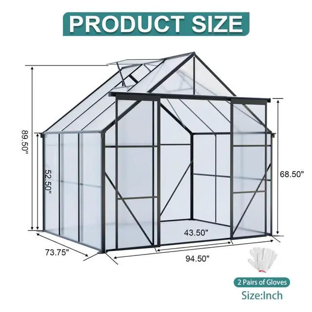 Alt view image 4 of 7 - Plant Green House with Double Door and Drainage Gutter System for Backyard, Lawn, Outdoor Plant Tent with Adjustable Roof and Thick Polycarbonate Board for Growing Flowers, Vegetables (Black 8*6FT)
