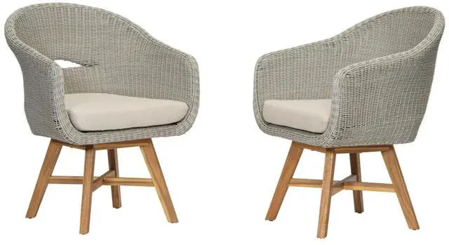 Alt view image 4 of 7 - Bohemian Style Patio Dining Chairs w/PE Rattan Seat & Aluminum Frame for Garden, Stylish Outdoor Accent Chairs w/Removable Cushion & Acacia Wood Legs for Porch, Backyard, Set of 2