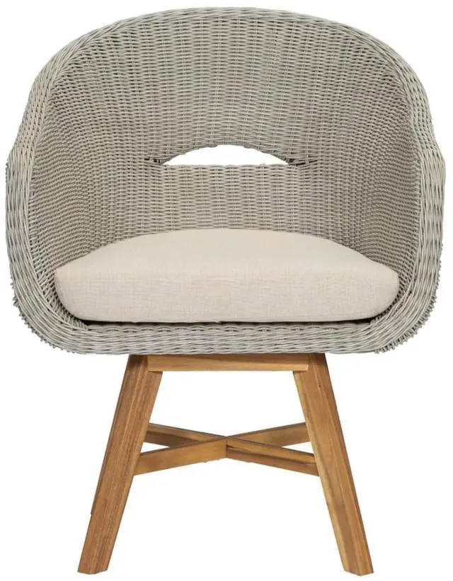 Alt view image 5 of 7 - Bohemian Style Patio Dining Chairs w/PE Rattan Seat & Aluminum Frame for Garden, Stylish Outdoor Accent Chairs w/Removable Cushion & Acacia Wood Legs for Porch, Backyard, Set of 2
