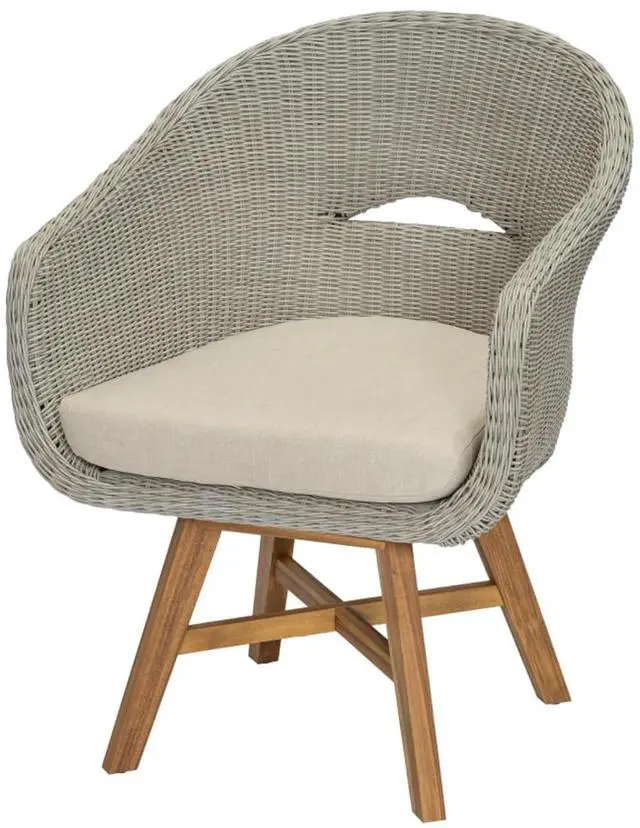 Alt view image 6 of 7 - Bohemian Style Patio Dining Chairs w/PE Rattan Seat & Aluminum Frame for Garden, Stylish Outdoor Accent Chairs w/Removable Cushion & Acacia Wood Legs for Porch, Backyard, Set of 2