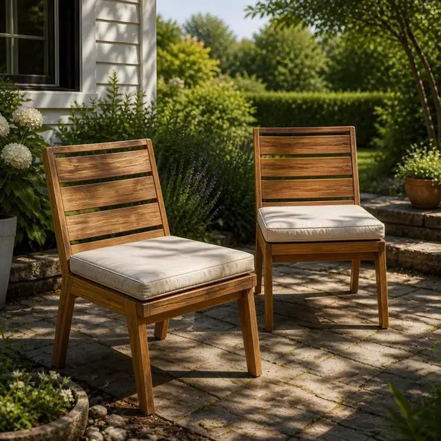 Main image of Sleek Acacia Wood Patio Dining Chairs w/Removable Cushions for Garden, Modern Outdoor Seating Chairs w/Solid Wood Slatted Frame & Ergonomic Backrest for Porch, Deck, Set of 2 (Armless Chairs)