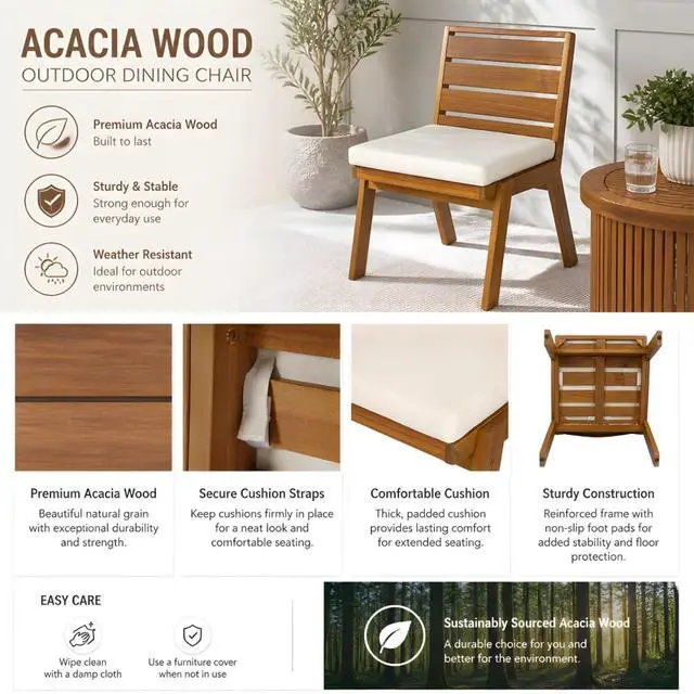Alt view image 3 of 7 - Sleek Acacia Wood Patio Dining Chairs w/Removable Cushions for Garden, Modern Outdoor Seating Chairs w/Solid Wood Slatted Frame & Ergonomic Backrest for Porch, Deck, Set of 2 (Armless Chairs)