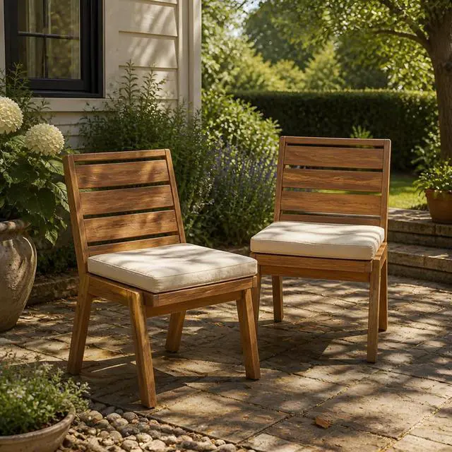 Alt view image 4 of 7 - Sleek Acacia Wood Patio Dining Chairs w/Removable Cushions for Garden, Modern Outdoor Seating Chairs w/Solid Wood Slatted Frame & Ergonomic Backrest for Porch, Deck, Set of 2 (Armless Chairs)