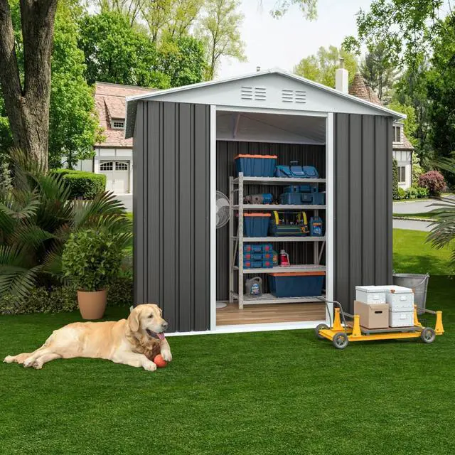 Main image of Outdoor Storage Sheds with Lockable Sliding Door and Aluminum Alloy Frame for Backyard, Lawn, Garden Tool Storage House with Two Sloped Sides Roof for Patio, Porch (6x4 FT Grey with Metal Base)