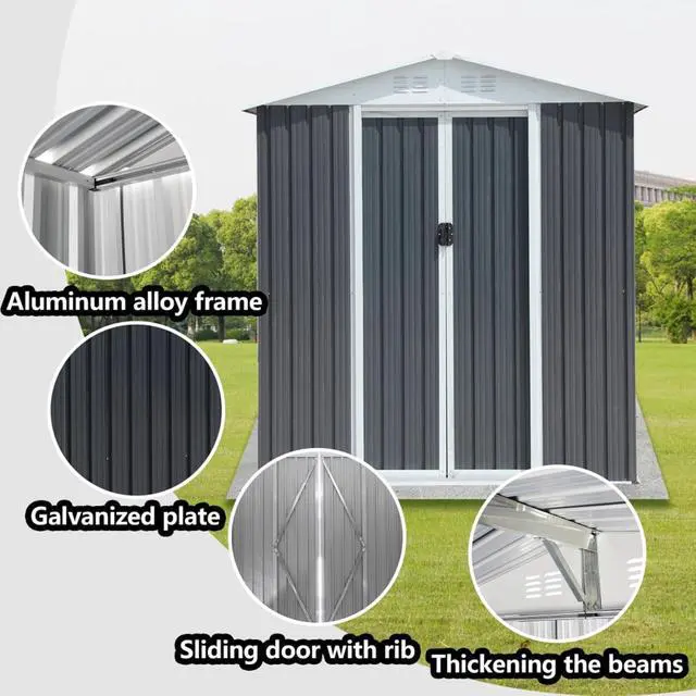 Alt view image 3 of 7 - Outdoor Storage Sheds with Lockable Sliding Door and Aluminum Alloy Frame for Backyard, Lawn, Garden Tool Storage House with Two Sloped Sides Roof for Patio, Porch (6x4 FT Grey with Metal Base)