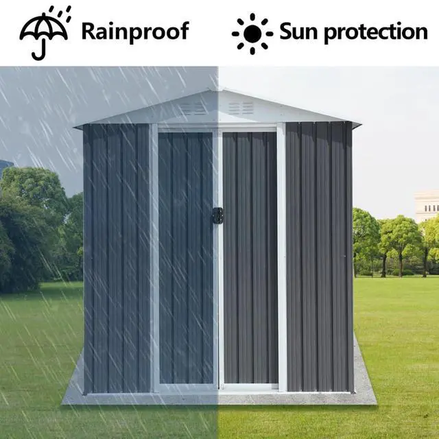 Alt view image 5 of 7 - Outdoor Storage Sheds with Lockable Sliding Door and Aluminum Alloy Frame for Backyard, Lawn, Garden Tool Storage House with Two Sloped Sides Roof for Patio, Porch (6x4 FT Grey with Metal Base)