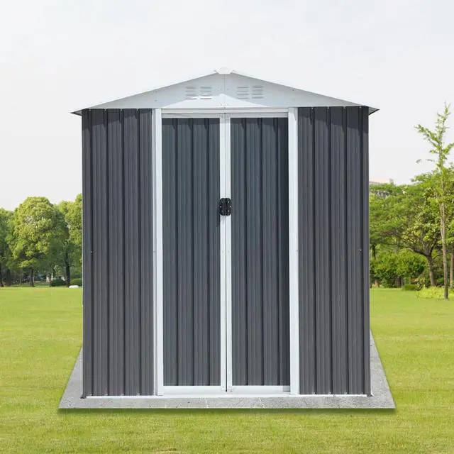 Alt view image 6 of 7 - Outdoor Storage Sheds with Lockable Sliding Door and Aluminum Alloy Frame for Backyard, Lawn, Garden Tool Storage House with Two Sloped Sides Roof for Patio, Porch (6x4 FT Grey with Metal Base)