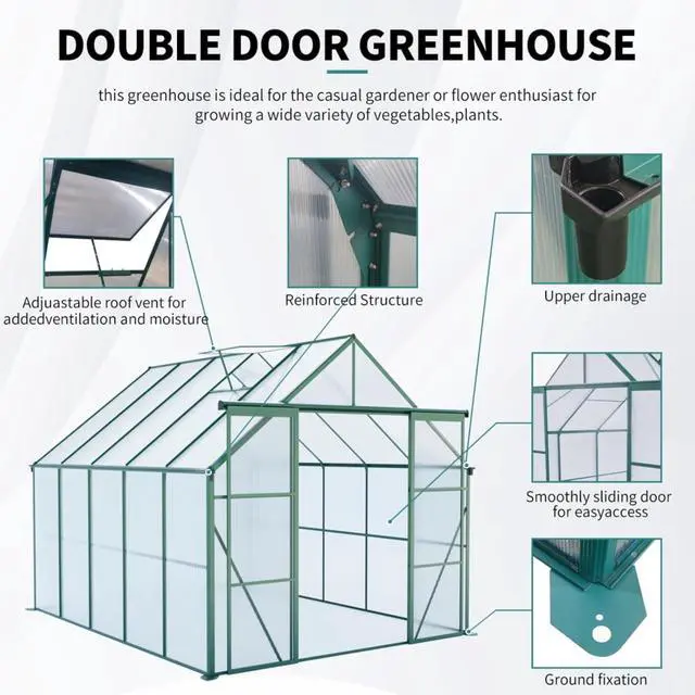 Alt view image 7 of 7 - Plant Green House with Double Door and Drainage Gutter System for Backyard, Lawn, Outdoor Plant Tent with Adjustable Roof and Thick Polycarbonate Board for Growing Flowers, Vegetables (Green 8*10FT)