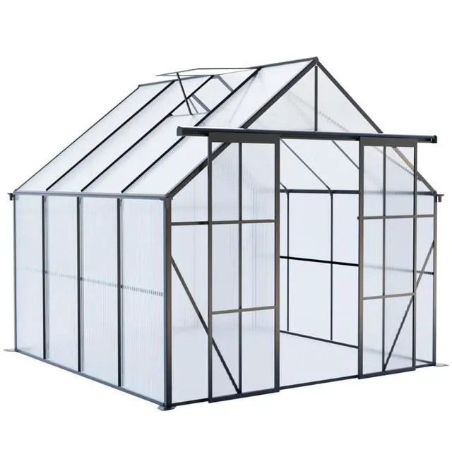 Alt view image 3 of 7 - Plant Green House with Double Door and Drainage Gutter System for Backyard, Lawn, Outdoor Plant Tent with Adjustable Roof and Thick Polycarbonate Board for Growing Flowers, Vegetables (Black 8*8FT)
