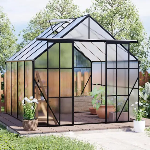 Alt view image 2 of 7 - Plant Green House with Double Door and Drainage Gutter System for Backyard, Lawn, Outdoor Plant Tent with Adjustable Roof and Thick Polycarbonate Board for Growing Flowers, Vegetables (Black 8*8FT)