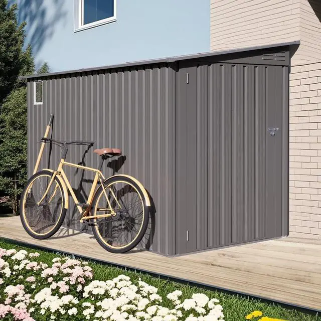 Alt view image 4 of 7 - Outdoor Storage Shed with Windows and Metal Frame for Poolside, Backyard, Lawn, Shed Tool House with Sloping Roof and 2 Vents & 1 Side Open Door for Garden, Balcony (New + 4x9FT)