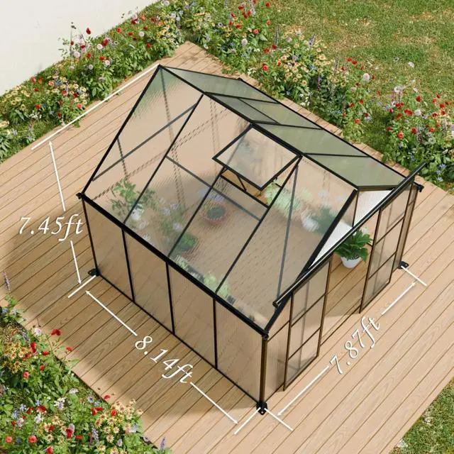 Alt view image 4 of 7 - Plant Green House with Double Door and Drainage Gutter System for Backyard, Lawn, Outdoor Plant Tent with Adjustable Roof and Thick Polycarbonate Board for Growing Flowers, Vegetables (Black 8*8FT)