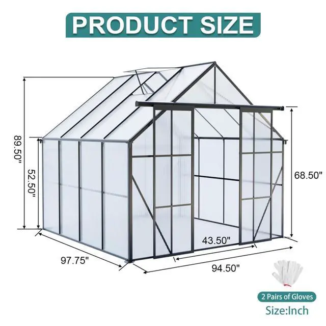 Alt view image 5 of 7 - Plant Green House with Double Door and Drainage Gutter System for Backyard, Lawn, Outdoor Plant Tent with Adjustable Roof and Thick Polycarbonate Board for Growing Flowers, Vegetables (Black 8*8FT)