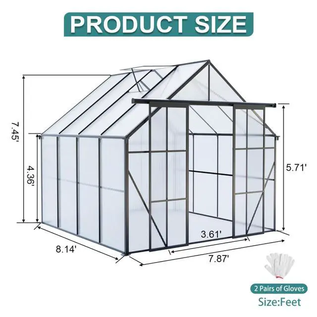 Alt view image 6 of 7 - Plant Green House with Double Door and Drainage Gutter System for Backyard, Lawn, Outdoor Plant Tent with Adjustable Roof and Thick Polycarbonate Board for Growing Flowers, Vegetables (Black 8*8FT)