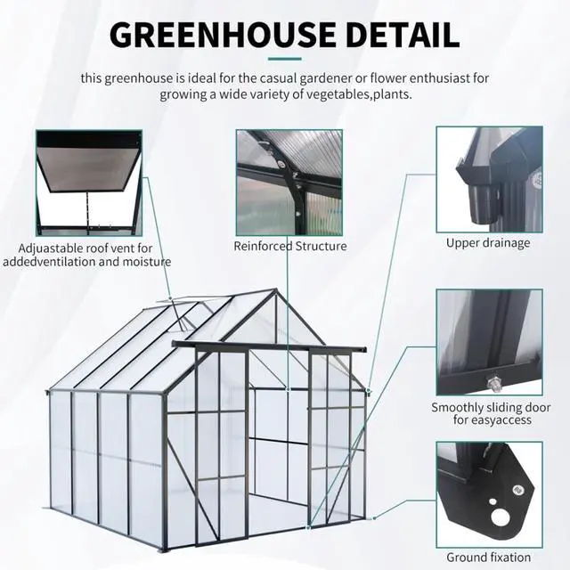 Alt view image 7 of 7 - Plant Green House with Double Door and Drainage Gutter System for Backyard, Lawn, Outdoor Plant Tent with Adjustable Roof and Thick Polycarbonate Board for Growing Flowers, Vegetables (Black 8*8FT)