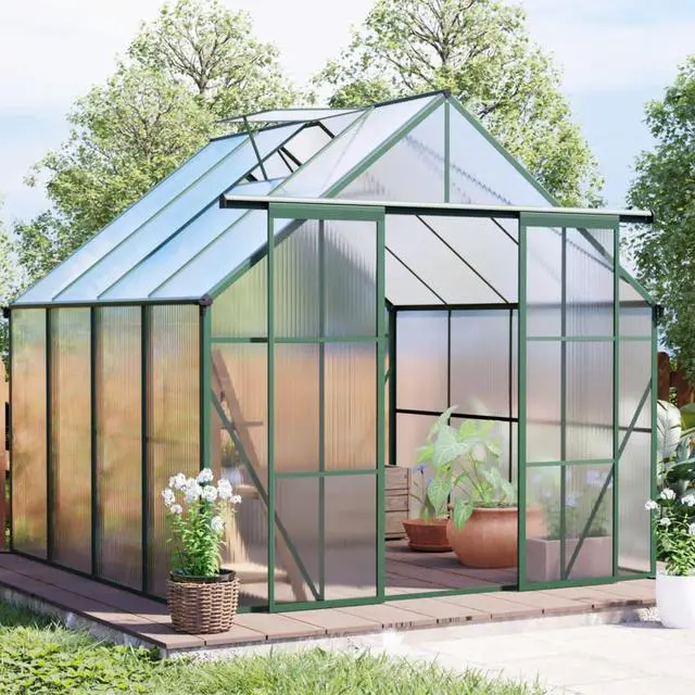 Main image of Plant Green House with Double Door and Drainage Gutter System for Backyard, Lawn, Outdoor Plant Tent with Adjustable Roof and Thick Polycarbonate Board for Growing Flowers, Vegetables (Green 8*8FT)