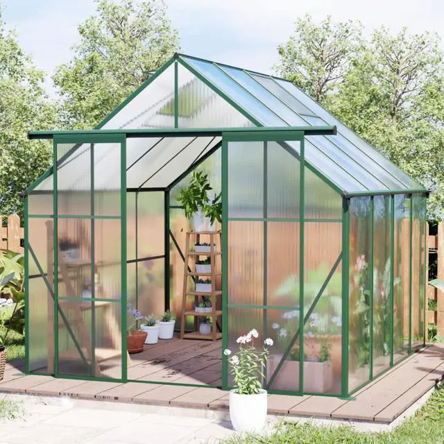 Alt view image 2 of 7 - Plant Green House with Double Door and Drainage Gutter System for Backyard, Lawn, Outdoor Plant Tent with Adjustable Roof and Thick Polycarbonate Board for Growing Flowers, Vegetables (Green 8*8FT)