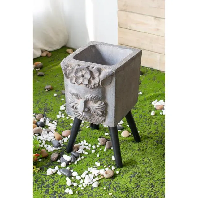 Alt view image 3 of 7 - Planter Set with Wooden Legs and Rope Texture for Backyard, Living Room, Lawn, Outdoor Flower Pot Set with Classic Design for Growing Flowers, Herbs, Plants (Gray + Magnesium Oxide)