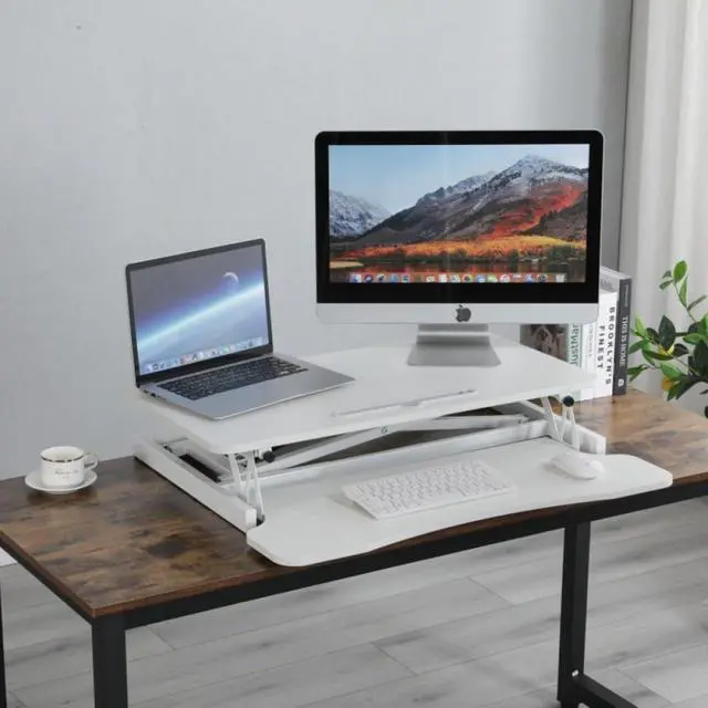 Alt view image 2 of 7 - 32Inch Standing Desk Sit To Stand Height Adjustable Converter Laptop Workstation w/Keyboard Tray for Home Office,Dual Monitor Riser Desktop Workstation w/Quiet Lifting Mechanism for Computer (White)