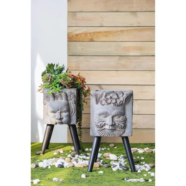 Alt view image 5 of 7 - Planter Set with Wooden Legs and Rope Texture for Backyard, Living Room, Lawn, Outdoor Flower Pot Set with Classic Design for Growing Flowers, Herbs, Plants (Gray + Magnesium Oxide)