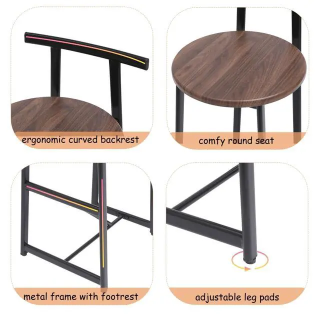 Alt view image 4 of 7 - Fashionable and Minimalist Design Bar Stool, Stable Metal Frame, Counter Height Bar Stool, Equipped with Backrest and Footrest,Suitable for Dining Rooms,Set of 3 (Walnut Brown + Set of 3)