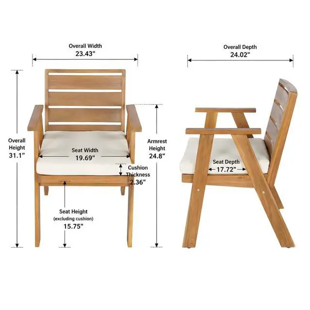 Alt view image 3 of 7 - Sleek Acacia Wood Patio Dining Chairs w/Removable Cushions for Garden, Modern Outdoor Seating Chairs w/Solid Wood Slatted Frame & Ergonomic Backrest for Porch, Deck, Set of 2 (Armchairs)