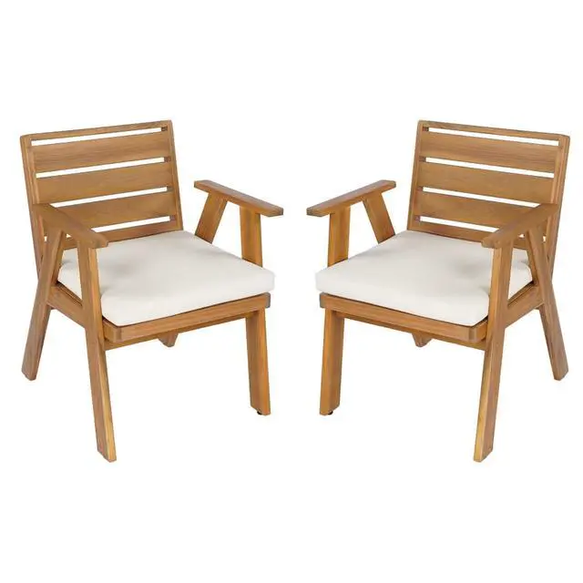 Alt view image 5 of 7 - Sleek Acacia Wood Patio Dining Chairs w/Removable Cushions for Garden, Modern Outdoor Seating Chairs w/Solid Wood Slatted Frame & Ergonomic Backrest for Porch, Deck, Set of 2 (Armchairs)