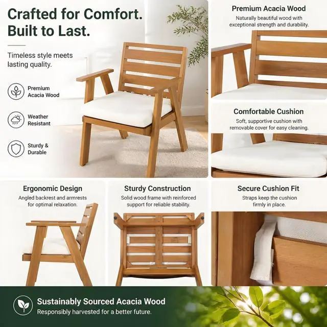 Alt view image 4 of 7 - Sleek Acacia Wood Patio Dining Chairs w/Removable Cushions for Garden, Modern Outdoor Seating Chairs w/Solid Wood Slatted Frame & Ergonomic Backrest for Porch, Deck, Set of 2 (Armchairs)