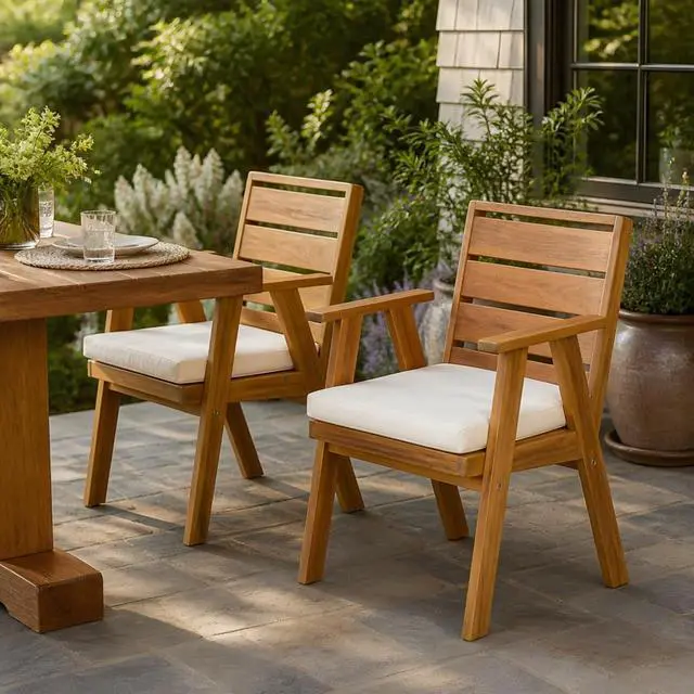 Alt view image 2 of 7 - Sleek Acacia Wood Patio Dining Chairs w/Removable Cushions for Garden, Modern Outdoor Seating Chairs w/Solid Wood Slatted Frame & Ergonomic Backrest for Porch, Deck, Set of 2 (Armchairs)