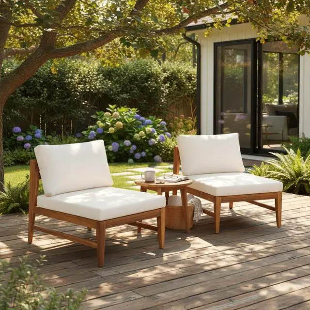 Main image of Solid Wood Outdoor Accent Chairs w/Removable Water Repellent Cushions for Balcony, Acacia Wood Patio Armless Dining Chairs w/Slatted Back & Seat for Garden, Deck, Porch, Set of 2