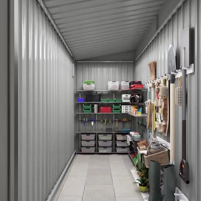 Alt view image 5 of 7 - Outdoor Storage Shed with Windows and Metal Frame for Poolside, Backyard, Lawn, Shed Tool House with Sloping Roof and 2 Vents & 1 Side Open Door for Garden, Balcony (New + 4x9FT)