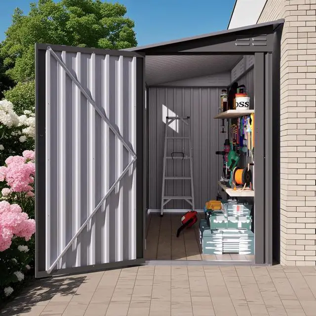 Alt view image 6 of 7 - Outdoor Storage Shed with Windows and Metal Frame for Poolside, Backyard, Lawn, Shed Tool House with Sloping Roof and 2 Vents & 1 Side Open Door for Garden, Balcony (New + 4x9FT)