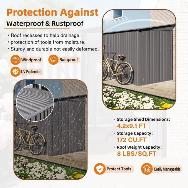 Alt view image 7 of 7 - Outdoor Storage Shed with Windows and Metal Frame for Poolside, Backyard, Lawn, Shed Tool House with Sloping Roof and 2 Vents & 1 Side Open Door for Garden, Balcony (New + 4x9FT)
