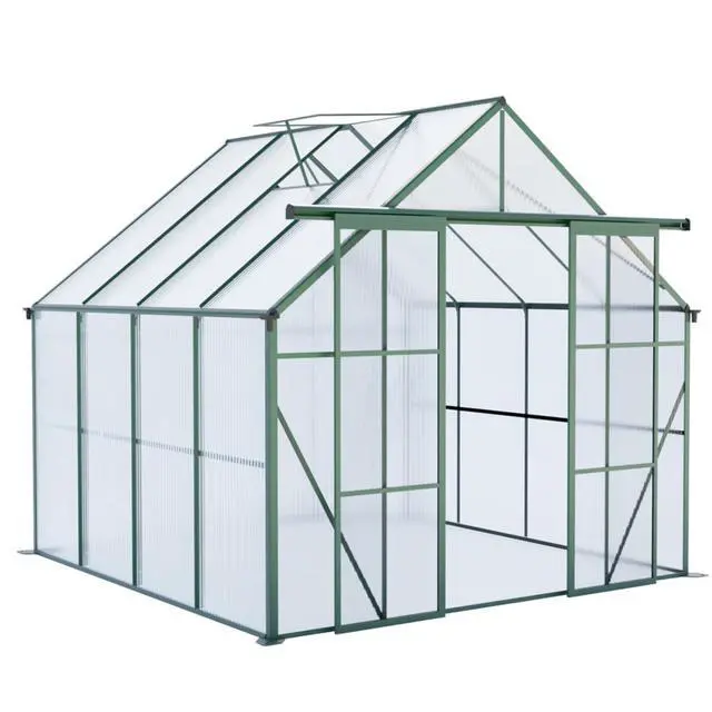 Alt view image 3 of 7 - Plant Green House with Double Door and Drainage Gutter System for Backyard, Lawn, Outdoor Plant Tent with Adjustable Roof and Thick Polycarbonate Board for Growing Flowers, Vegetables (Green 8*8FT)