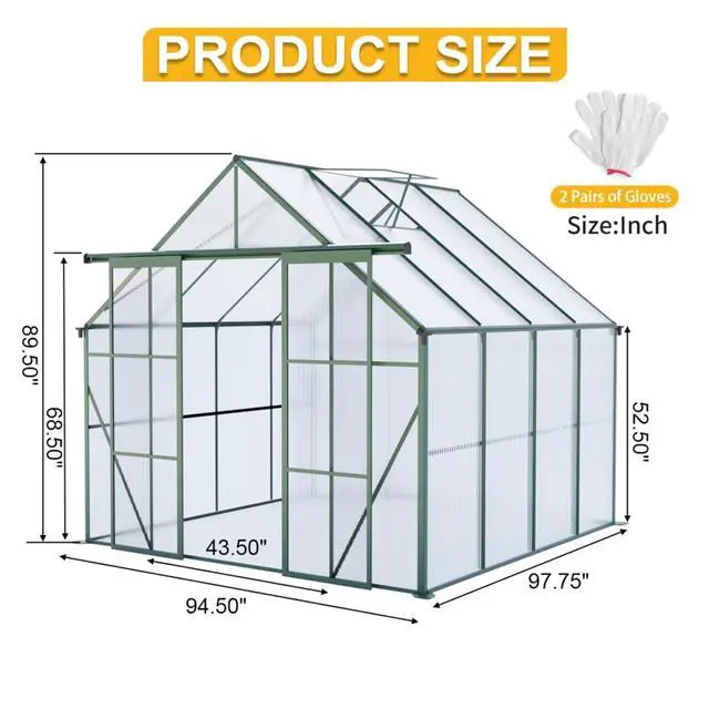 Alt view image 5 of 7 - Plant Green House with Double Door and Drainage Gutter System for Backyard, Lawn, Outdoor Plant Tent with Adjustable Roof and Thick Polycarbonate Board for Growing Flowers, Vegetables (Green 8*8FT)