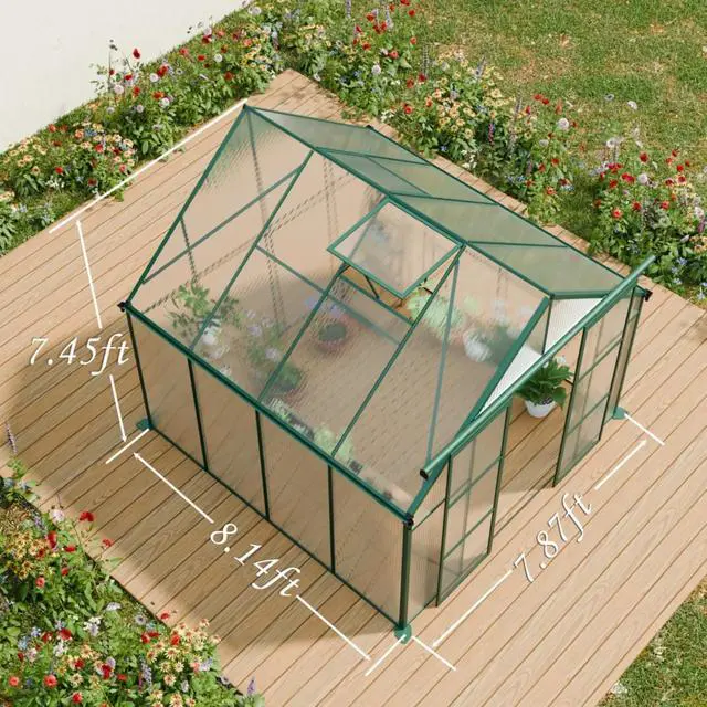 Alt view image 4 of 7 - Plant Green House with Double Door and Drainage Gutter System for Backyard, Lawn, Outdoor Plant Tent with Adjustable Roof and Thick Polycarbonate Board for Growing Flowers, Vegetables (Green 8*8FT)