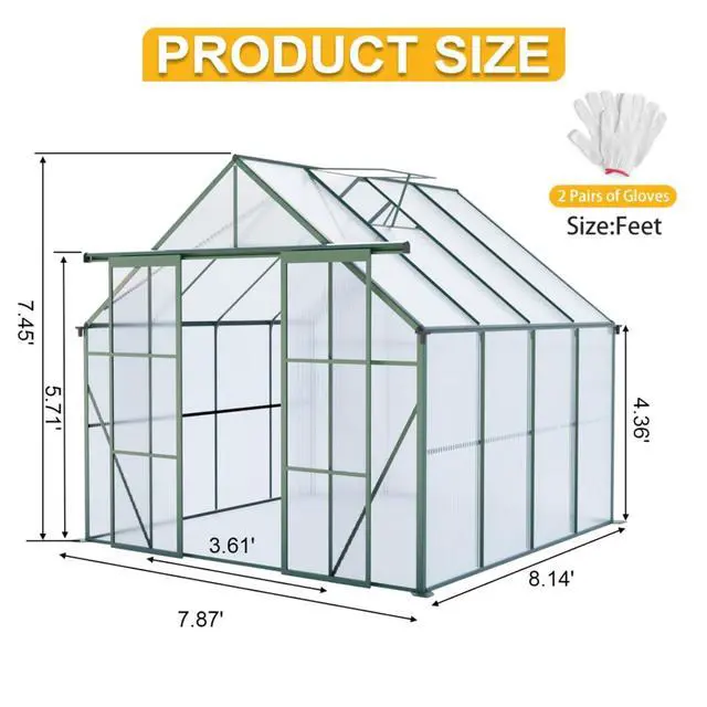 Alt view image 6 of 7 - Plant Green House with Double Door and Drainage Gutter System for Backyard, Lawn, Outdoor Plant Tent with Adjustable Roof and Thick Polycarbonate Board for Growing Flowers, Vegetables (Green 8*8FT)