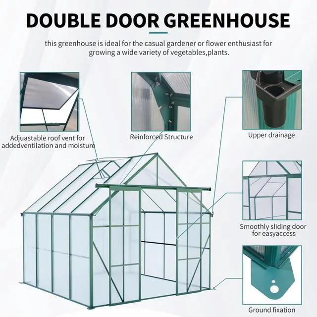 Alt view image 7 of 7 - Plant Green House with Double Door and Drainage Gutter System for Backyard, Lawn, Outdoor Plant Tent with Adjustable Roof and Thick Polycarbonate Board for Growing Flowers, Vegetables (Green 8*8FT)