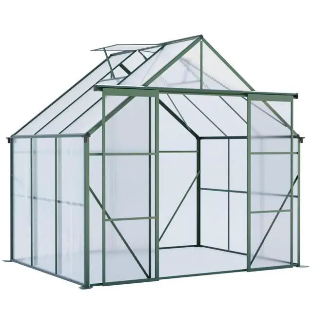 Alt view image 3 of 7 - Plant Green House with Double Door and Drainage Gutter System for Backyard, Lawn, Outdoor Plant Tent with Adjustable Roof and Thick Polycarbonate Board for Growing Flowers, Vegetables (Green 8*6FT)