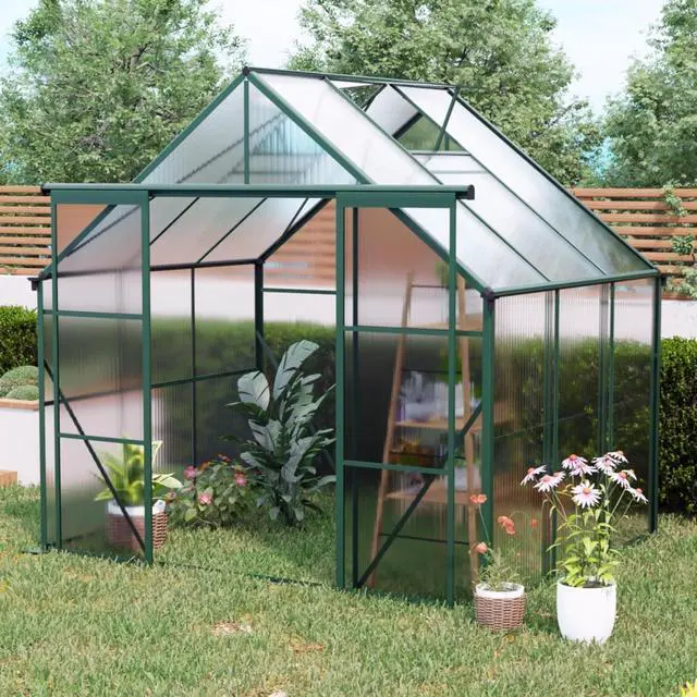 Alt view image 2 of 7 - Plant Green House with Double Door and Drainage Gutter System for Backyard, Lawn, Outdoor Plant Tent with Adjustable Roof and Thick Polycarbonate Board for Growing Flowers, Vegetables (Green 8*6FT)