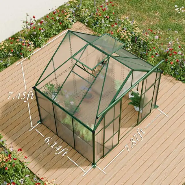 Alt view image 4 of 7 - Plant Green House with Double Door and Drainage Gutter System for Backyard, Lawn, Outdoor Plant Tent with Adjustable Roof and Thick Polycarbonate Board for Growing Flowers, Vegetables (Green 8*6FT)