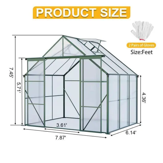 Alt view image 5 of 7 - Plant Green House with Double Door and Drainage Gutter System for Backyard, Lawn, Outdoor Plant Tent with Adjustable Roof and Thick Polycarbonate Board for Growing Flowers, Vegetables (Green 8*6FT)