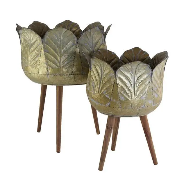 Alt view image 2 of 7 - Planter Set with Wooden Legs and Rope Texture for Backyard, Living Room, Lawn, Outdoor Flower Pot Set with Classic Design for Growing Flowers, Herbs, Plants (Yellow + Solid Wood + zinc)