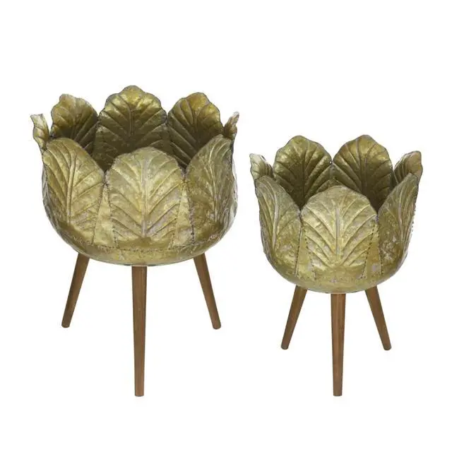 Alt view image 3 of 7 - Planter Set with Wooden Legs and Rope Texture for Backyard, Living Room, Lawn, Outdoor Flower Pot Set with Classic Design for Growing Flowers, Herbs, Plants (Yellow + Solid Wood + zinc)