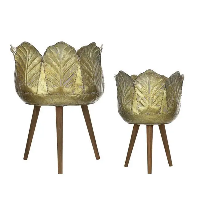 Alt view image 4 of 7 - Planter Set with Wooden Legs and Rope Texture for Backyard, Living Room, Lawn, Outdoor Flower Pot Set with Classic Design for Growing Flowers, Herbs, Plants (Yellow + Solid Wood + zinc)
