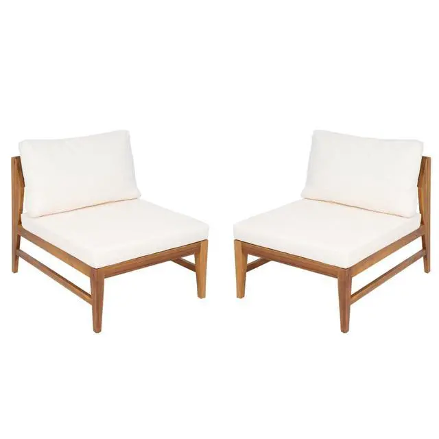 Alt view image 4 of 7 - Solid Wood Outdoor Accent Chairs w/Removable Water Repellent Cushions for Balcony, Acacia Wood Patio Armless Dining Chairs w/Slatted Back & Seat for Garden, Deck, Porch, Set of 2