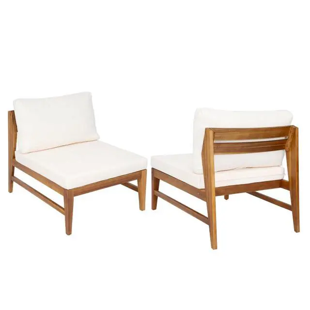 Alt view image 5 of 7 - Solid Wood Outdoor Accent Chairs w/Removable Water Repellent Cushions for Balcony, Acacia Wood Patio Armless Dining Chairs w/Slatted Back & Seat for Garden, Deck, Porch, Set of 2